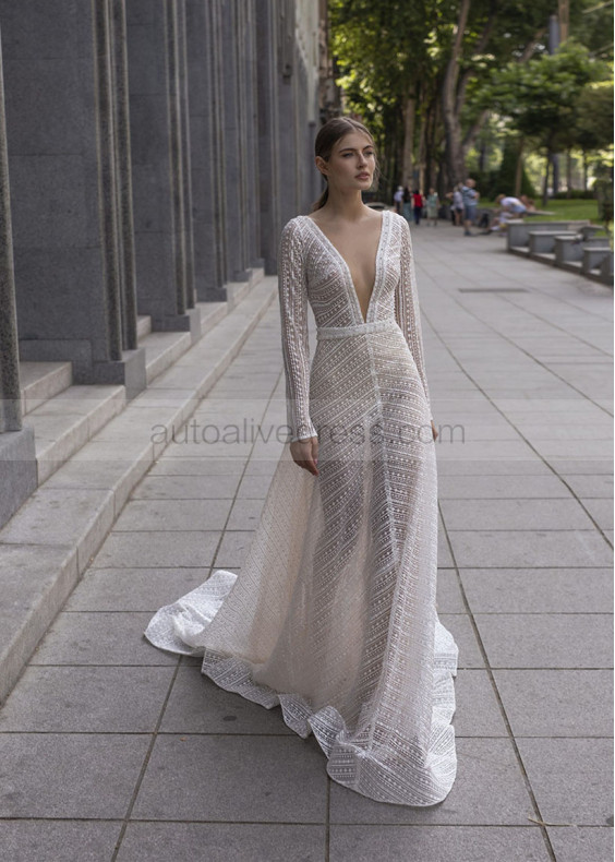 Long Sleeves Lace Keyhole Back Beaded Wedding Dress